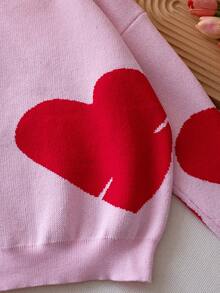 女童可爱心形图案针织套头衫，适合春秋冬季休闲穿着 - 粉色 - 查看 9