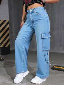 Pantalón Cargo Mezclilla Para Mujer Corte Wide Leg - Lavado ligero - Ver 3