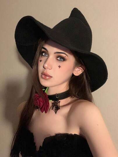 1Halloween Personalized Wizard Hat, Big Brimmed Retro Top Hat For Women, Woolen Woolen Hat, Autumn And Winter Holiday Party Fashion Hat Pumpkin Vampire Costume Autumn