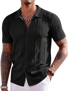 Men's Knit Shirts Short Sleeve Button Down Polo Shirt Fashion Casual Summer Beach Shirts - 酒紅色 - 查看 7