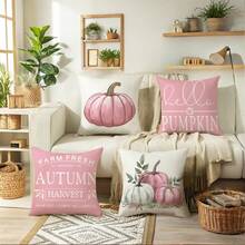 4 pezzi Federe con motivo zucca rosa, decorazione per interni ed esterni, motivo parabolico, federe per cuscini e coperte, federe autunnali stile fattoria, federe per cuscini da camera da letto e divano a tema Ringraziamento e raccolto, stampa su un lato, inserti per cuscini non inclusi - Rosa - Visualizzare 6