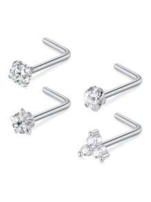 3 piezas Pendientes de nariz, Aros de nariz sólidos de titanio G23 20G en forma de L, con diseños redondo/estrella/corazón con CZ brillante, joyería de piercing de la nariz para mujeres y hombres