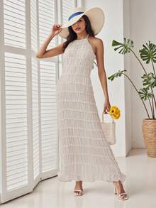 Women's Ruched Bodycon Long Dress Sleeveless Backless Solid Color Dress Cocktail Party Dress - White - View 8