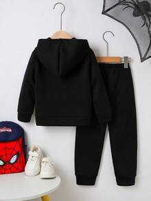 2pcs/Set Fashionable Casual Sports Spider Print Hooded Sweatshirt & Pants Outfit For Toddler Boys, Autumn/Winter - Black - View 2