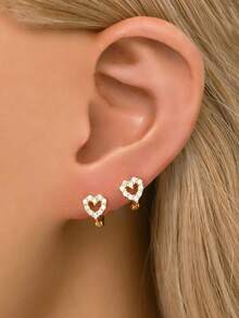 1pc 925 Sterling Silver Heart Shaped Earrings, Inlaid With Shiny Cubic Zirconia, Minimalist Heart Design, Suitable For Women's Daily Wear And Gatherings - Diamond Heart Earrings - View 9