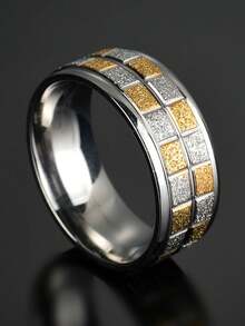 1 件永久不褪色格子水钻金色不锈钢戒指，情侣首饰，男友生日礼物