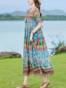 FANMUER Abito midi boho da donna con tasche, linea ad A, collo rotondo, maniche corte, stampa floreale colorata in tessuto tessuto, stile estivo