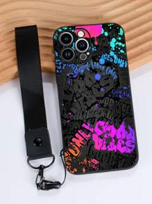 标语 1 件黑色 TPU 街头涂鸦文字图案防震手机壳和 1 件黑色手榴弹扣腕带兼容 、Android 手机、OPPO 防水防摔防刮 - 彩色 - 查看 5