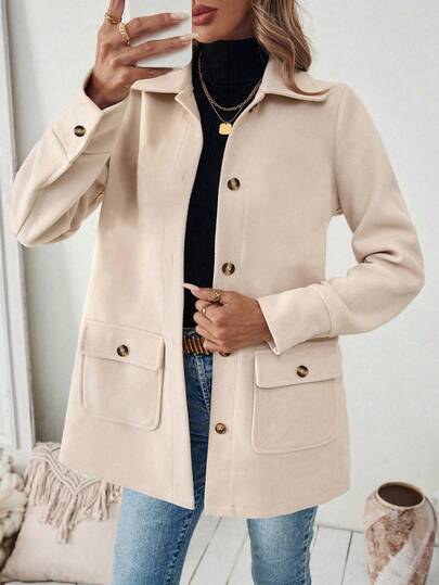 Women's Casual Daily Turndown Collar Front Button Pocket Solid Color Overcoat