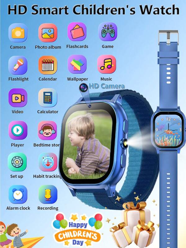 ERUN 31 Games Smart Kinderhorloge HD Full Touchscreen Buiten Zaklamp Wekker Audioboek Opname Video Stappenteller Rekenmachine Muziek DIY Behang Fotografie Kinderdag, Ay, Jongen/Meisje Verjaardagscadeau