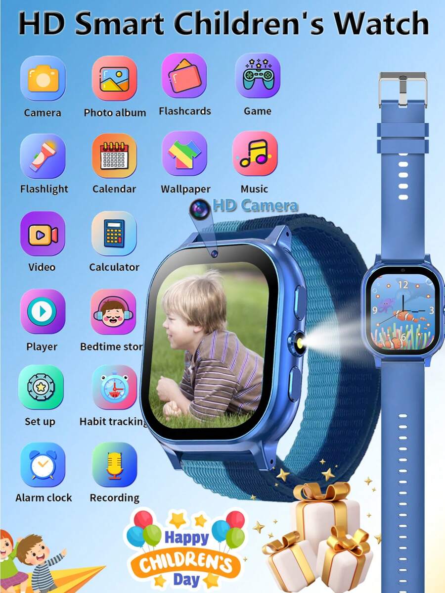 ERUN 31 Games Smart Children's Watch HD Full Touch Screen Outdoor Flashlight Alarm Clock Audiobook Recording Video Pedometer Calculator Music DIY Wallpaper Photography Children's Day, Ay, Boy/Girl Birthday Gift