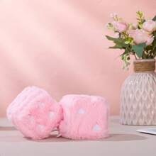 Heart Embroidered Baby Pink Fuzzy Plush Dice - 3-Inch Decorative Car Mirror Hanging Ornaments, Soft Foam, Easy Install, Great Gift Idea - D - 查看 3