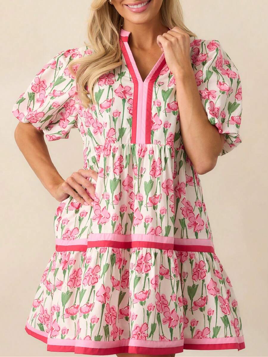 Women Y2K Babydoll Mini Dresses V Neck Puff Sleeve Short Dress Beach Sundress - Hồng - Xem 1