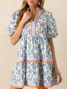Women Y2K Babydoll Mini Dresses V Neck Puff Sleeve Short Dress Beach Sundress - Màu xanh nhạt - Xem 1