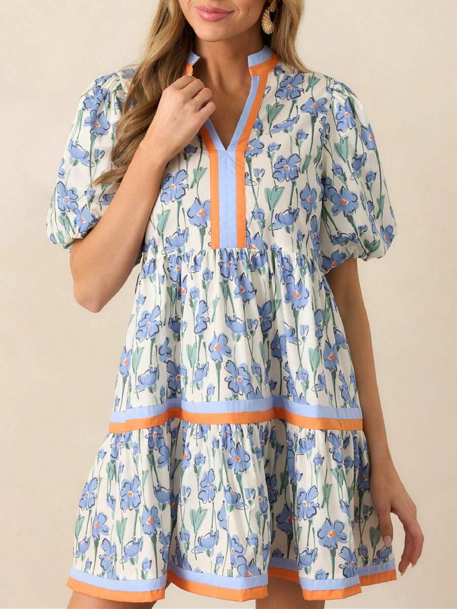Women Y2K Babydoll Mini Dresses V Neck Puff Sleeve Short Dress Beach Sundress - Màu xanh nhạt - Xem 1