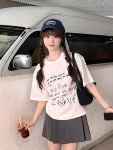 Vintage Letter Print Short Sleeve T-Shirt For Women, Stylish Fitted Tops - 白色 - 查看 2