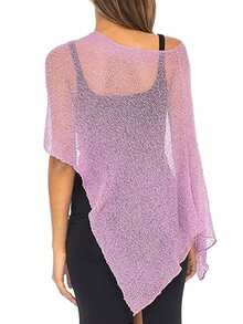 Women Sheer Knit Poncho Y2K Off Shoulder Asymmetric Shrug Sweater Pullover Top Lightweight See Through Cover Up Tops  Pullover Sweaters Tops - 紫色 - 查看 6