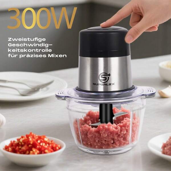 SUPERLEX 4-in-1 Blender, Edelstahl-Fleischwolf, Zerkleinerer und 1.5L-Glas-Elektro-Blenderset mit großer Kapazität, Stabmixer, Lebensmittelzerkleinerer, Chefmaschine, Getränkemixer, Edelstahl-Rührstab, geeignet für Küchenfleisch, Salat, Marmelade, Saft
