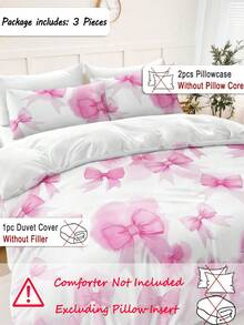 3件粉色蝴蝶结数码印花羽绒被套套装（1个羽绒被套+2个枕套，无填充物），适合房间装饰，日常使用，柔软亲肤的涤纶纤维，适用于卧室、主卧、客房、宿舍，四季皆宜