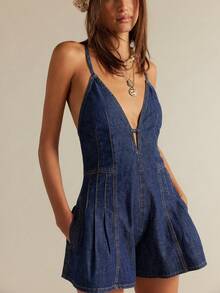 Women Spaghetti Strap Denim Romper Dress Sleeveless V Neck Backless Tie-Up Jean Short Jumpsuits Y2k Ruffle Jean Overalls Summer Streetwear - 藏蓝色 - 查看 3