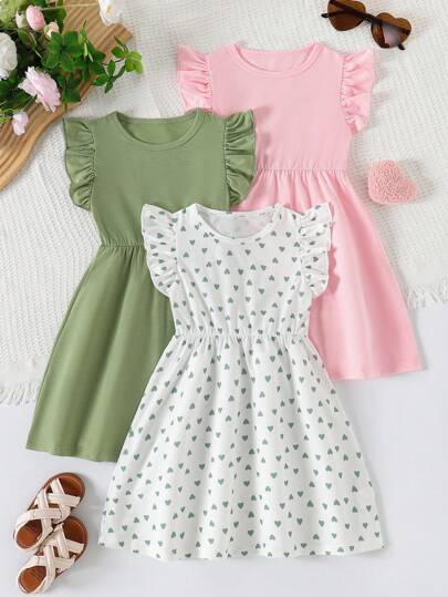 3pcs/Set Young Girls' Valentine's Day Summer Fashion Flutter Sleeve Heart Print + Solid Color Patchwork Casual Dress Outfit