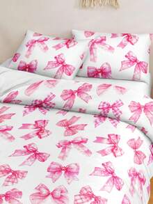 3件套水彩粉色蝴蝶结可爱数码印花羽绒被套（1个羽绒被套+2个枕套，无填充物），柔软亲肤涤纶纤维，适用于卧室、宿舍、所有季节