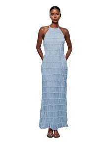 Women's Ruched Bodycon Long Dress Sleeveless Backless Solid Color Dress Cocktail Party Dress - Blue - View 8