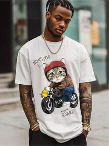 Front Cycling Cat Pattern Printed Round Neck Short Sleeved T-Shirt Top, Comfortable And Breathable Fabric, Casual Sports Style Men's 100% Cotton Streetwear T-Shirt (For Loose Effect, Please Choose A Larger Size)