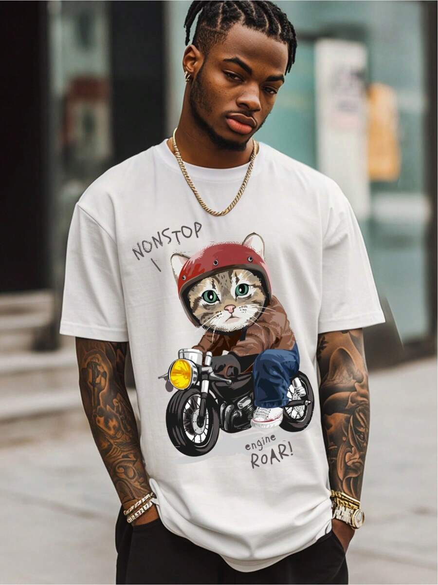 Front Cycling Cat Pattern Printed Round Neck Short Sleeved T-Shirt Top, Comfortable And Breathable Fabric, Casual Sports Style Men's 100% Cotton Streetwear T-Shirt (For Loose Effect, Please Choose A Larger Size)