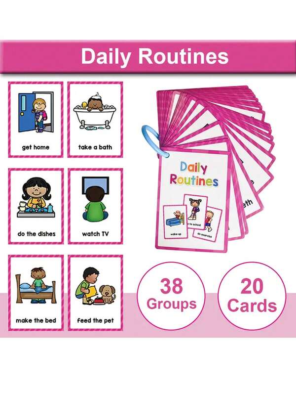 38 بطاقة فلاش للروتين اليومي، 20 بطاقة تعليمية لتعلم اللغة الإنجليزية، ألعاب إدراكية ورقية للجدولة، ألعاب تعليمية للأطفال