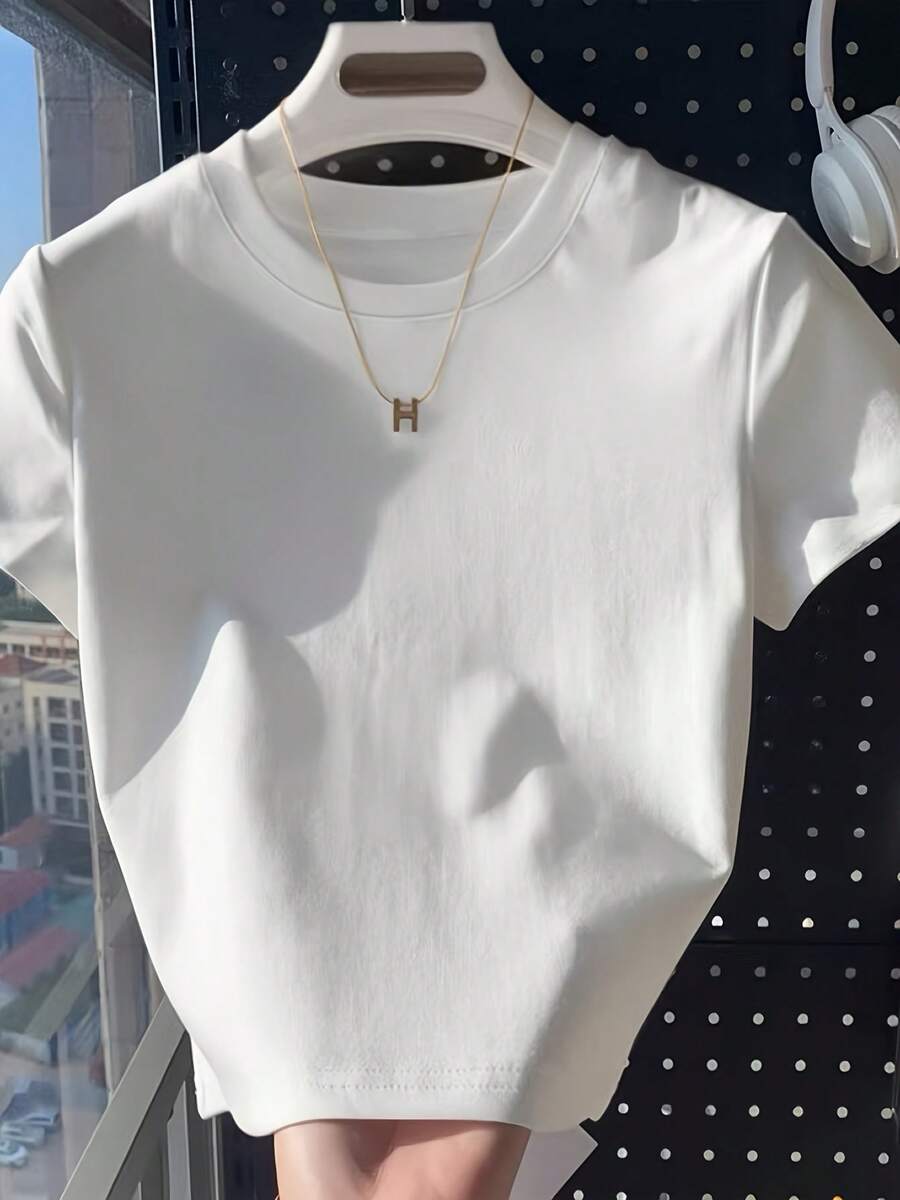 白色短款上衣，性感风格，夏季新品，短款，短袖T恤，夏季修身圆领短款上衣 - 白色 - 查看 1