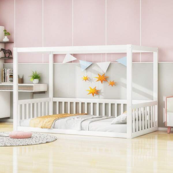Sairedel Kinder-Standbett 90 x 200 cm, Himmelbett Massivholz Bettgestell für Kinder Jugendliche Weiß