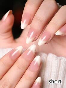Juego de 24 uñas postizas de forma almendrada corta con degradado de colores nude y blanco lechoso. Incluye 1 bloque de pulido de uñas y 1 gel de gelatina - Multicolor - Ver 4