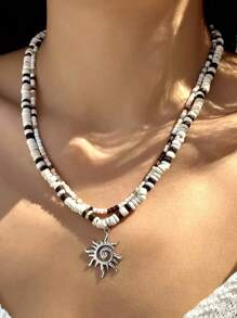 2 件时尚串珠项链，独特高端太阳吊坠双层颈链，男女款夏季休闲项链，情侣项链 - 彩色 - 查看 2