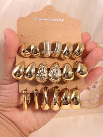6-18pcs Stylish Water Drop Hoop Geometric Textured Earrings, Suitable For Daily Wear And Gift For Family/Friends