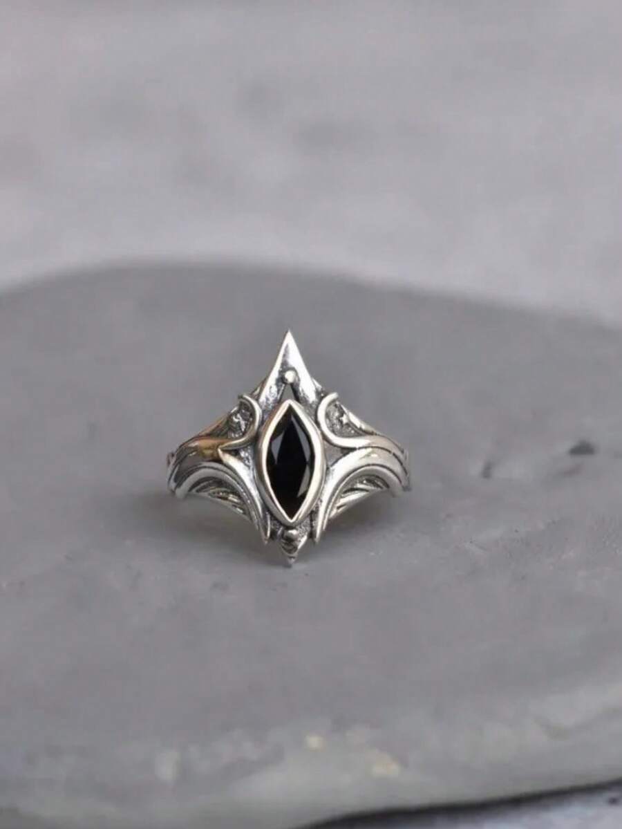 1 chiếc nhẫn đeo tay phong cách Boho cổ điển đính hình mắt thần, thiết kế tối giản, nhẫn đen - Màu Bạc Cổ - Xem 1