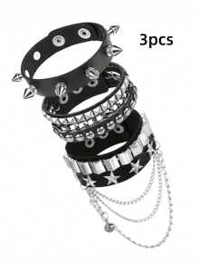4件/3件/2件/1件套装 男士朋克摇滚铆钉手链，PU皮材质，可能存在轻微色差，请以实物为准。