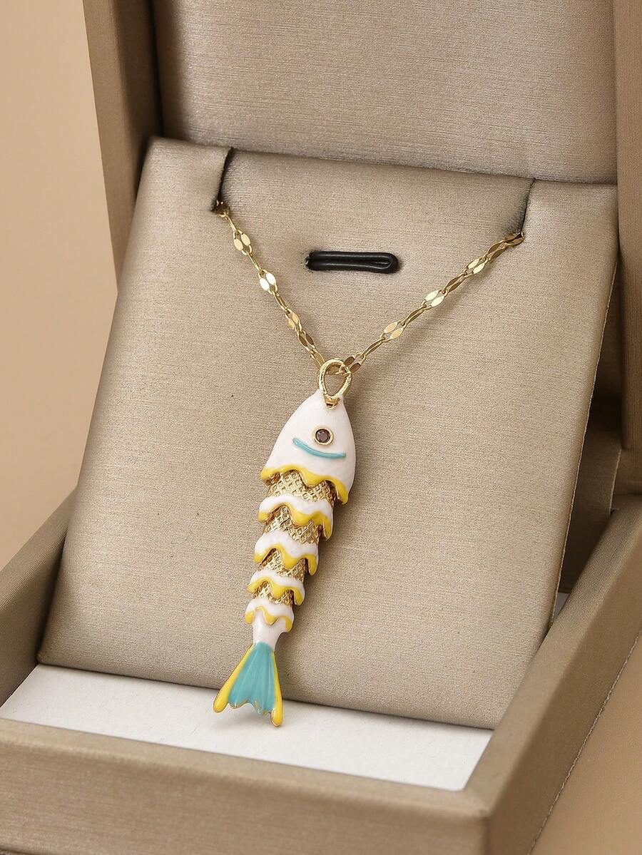 1 件时尚精致可爱多色活力鱼不锈钢珠宝项链，适合女性日常佩戴，海洋主题系列，沙滩配饰，女士沙滩珠宝 - 金黃色 - 查看 1