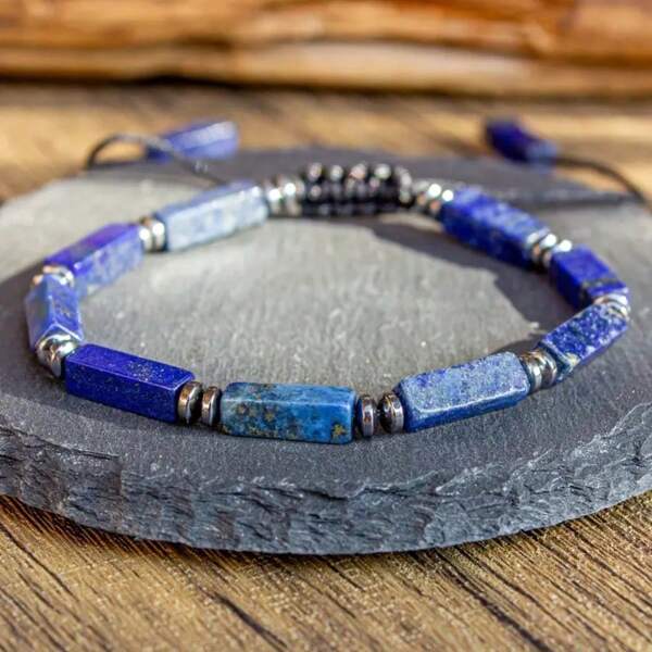 Braccialetto boho in pietra naturale, braccialetto boho stile artigianale regolabile in pietra naturale, perline rettangolari in lapislazzuli e ametista, adatto per uso quotidiano, regalo di San Valentino, compatibile per tutte le stagioni