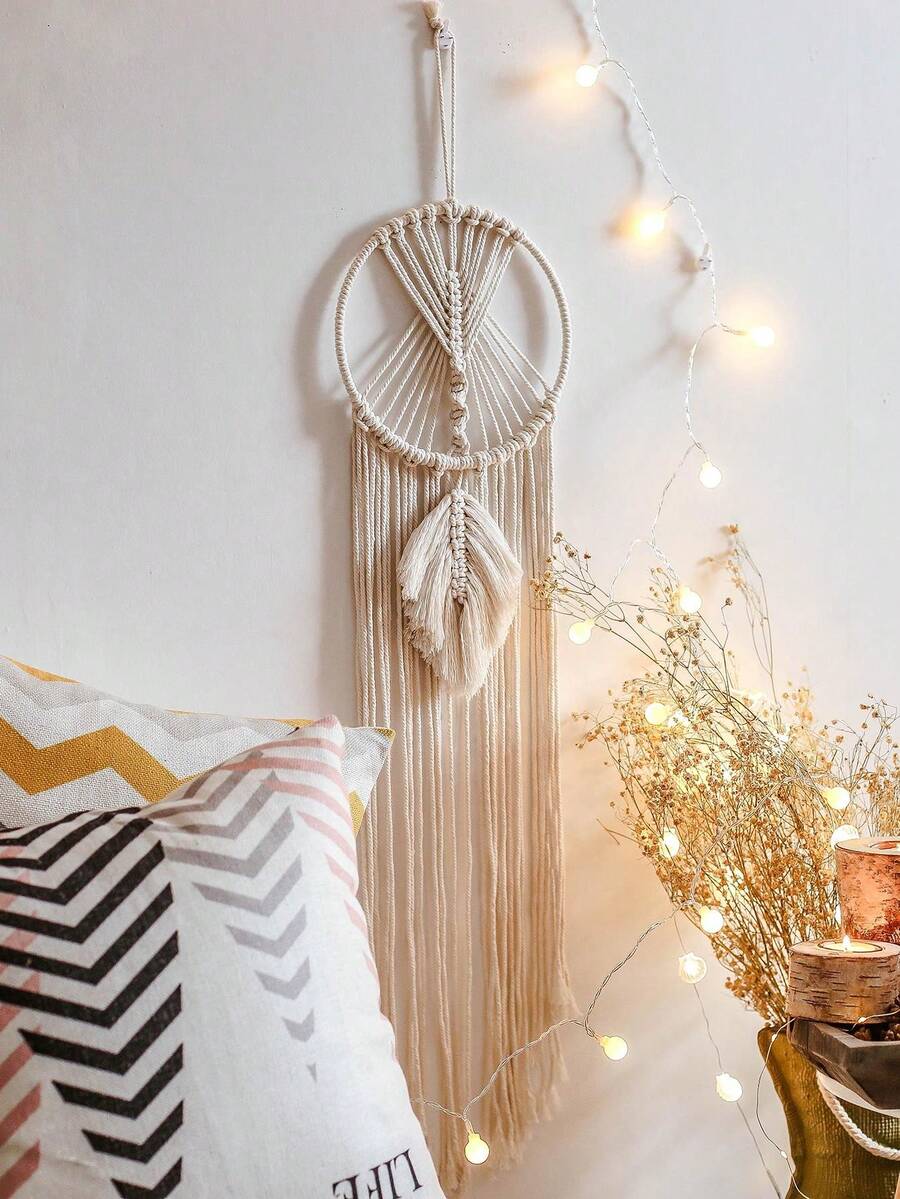 1 chiếc đồ trang trí treo tường dệt thủ công, kiểu Boho, có tua rua, dùng để trang trí nhà cửa, căn hộ, quà tặng tân gia hoàn hảo, trang trí phòng tập yoga và thiền (không bao gồm đèn) - Màu be - Xem 1