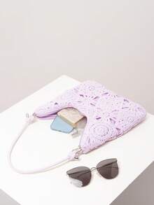 花卉镂空钩针编织单肩包、沙滩包、度假包、钩针套装、女士优雅包包、度假必备品、旅行必备品（图案随机） - 紫色 - 查看 6