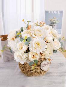 1 pièce Bouquet de roses artificielles, chrysanthème bulbeux. Cadeaux pour la Saint-Valentin, décorations pour les fêtes d'anniversaire, paniers de fleurs de mariage, fleurs à tenir par la mariée. Décoration pour la maison, salles à manger, chambres, rebords de fenêtres, vases. Décorations pour le Nouvel An, jardins extérieurs, rentrée des classes - Blanc - Voir 12