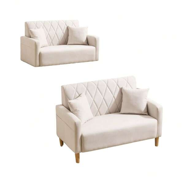 【2人掛けソファ】幅103cm 肘付き コンパクト 北欧風デザイン ベルベット調生地 天然木脚 枕付き ロースタイル対応 組立簡単 座面高34cm ロボット掃除機対応 おしゃれな二人用ソファ