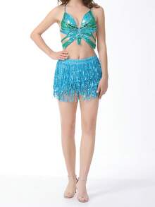 Women's Short Tops With Shiny Sequins Embellished Irregular Butterfly Look Sleeveless Camisole Vest - 水鴨藍 - 查看 4