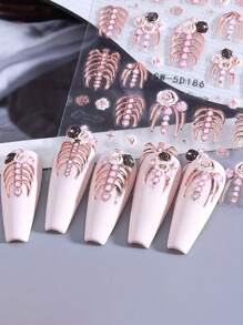 3D骷髅美甲贴纸，万圣节美甲贴纸，浮雕自粘骷髅骨头图案，哑光塑料美甲贴纸，DIY美甲装饰，奇幻主题美甲，浮雕骷髅图案装饰，骷髅手，万圣节白骨爪美甲装饰贴纸 - 彩色 - 查看 6