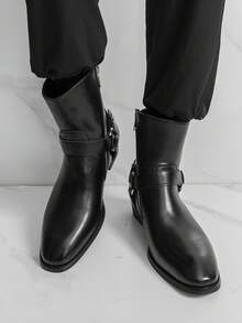 Men's Western Style Side Zipper Motorcycle Boots, Chunky Heel Boots - Black - View 8