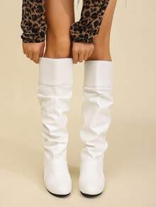 Bốt cao đến đầu gối, thoải mái, thanh lịch và hợp thời trang dành cho nữ, bốt cao gót đế dày, mũi tròn, xếp ly cỡ lớn, Bộ sưu tập Thu/Đông 2025 mới, Dự tiệc - trắng - Xem 2