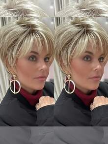 Brazilian Wig 8" Short Straight Layered Grey Wig, Natural Look For Parties, Mother's Day & Casual Attire, Party Accessories, Natural Wig., Halloween - Blonde Highlight - View 11