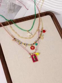 4 件波西米亚手工串珠彩色方形鱼和海星吊坠多层项链套装，适合女士日常、派对、海滩、所有季节