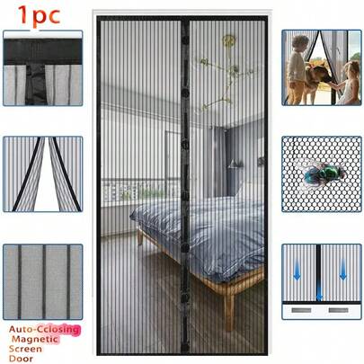 1 pieza Cortina magnética negra de red de Mosquito, con tira magnética Closure, autocerrable, paso no obstinado, fácil instalación y extracción, viene con cinta adhesiva y planos dorados, sin necesidad de goteo, disponible en múltiples anchos (80cm - 140cm) y 210cm de altura, adecuado para puertas exteriores, puertas de balcón, aparejos de garaje, etc.